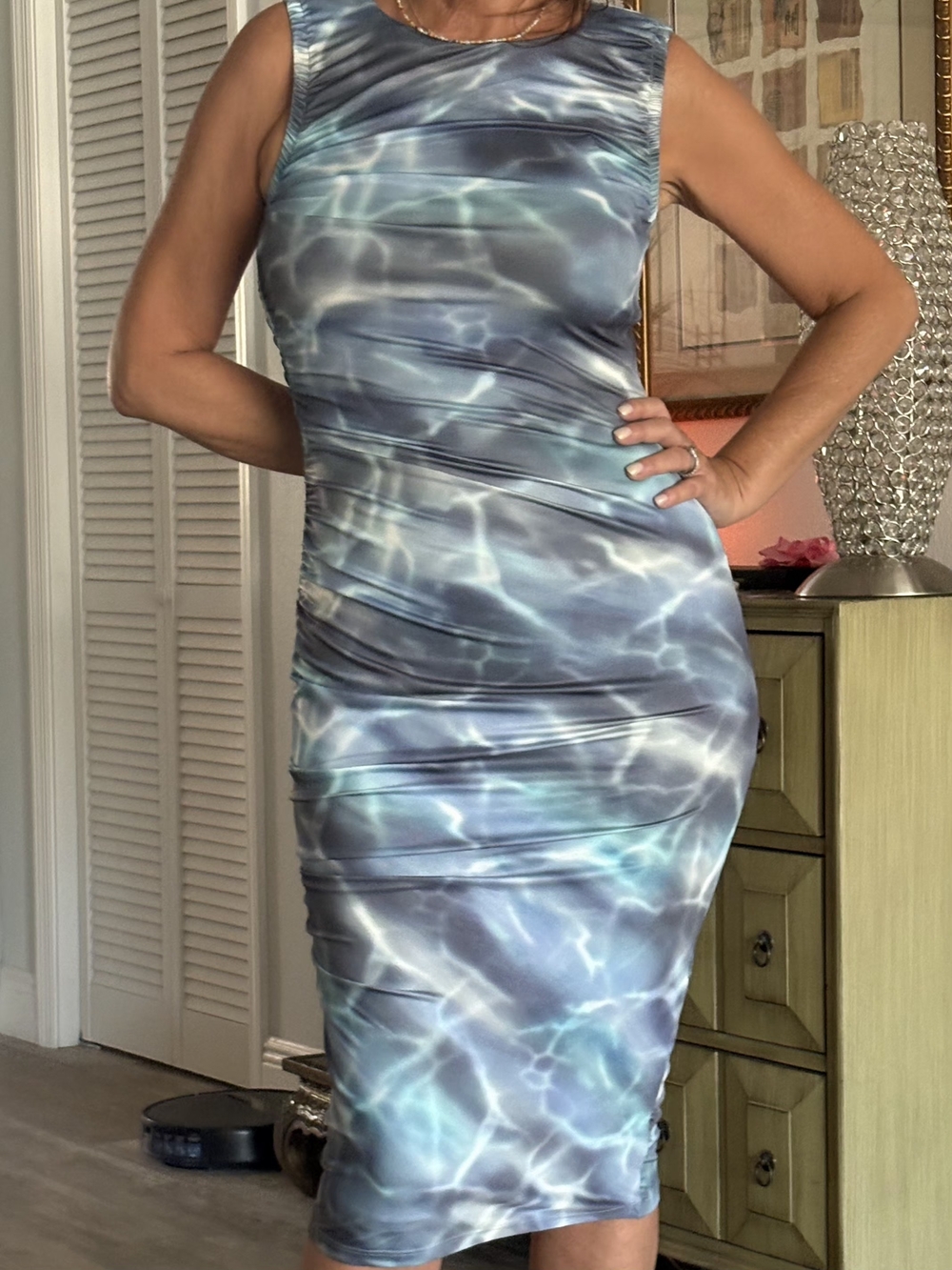 Bar III Aqua and Navy Water-Print Midi Dress